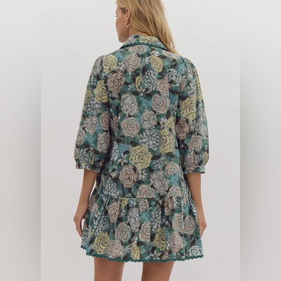 Entro Floral Puff Sleeve Ric Rac Mini Dress w/pockets - Picture 8 of 8